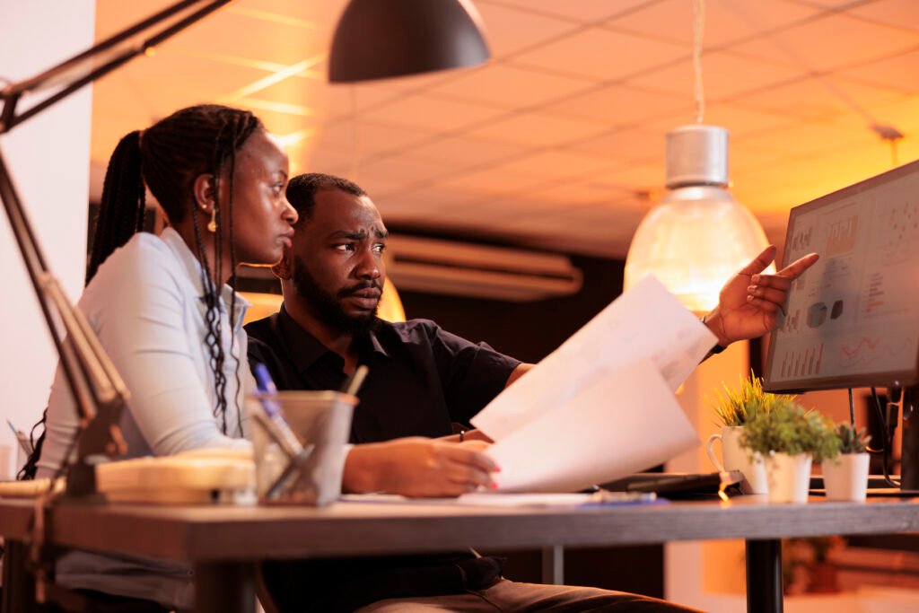 African american man and woman doing teamwork collaboration